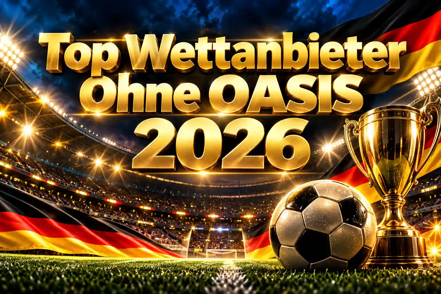 Top Wettanbieter ohne OASIS 2026 – Goldene Schrift im Fußballstadion mit Pokal, Fußball und deutscher Flagge